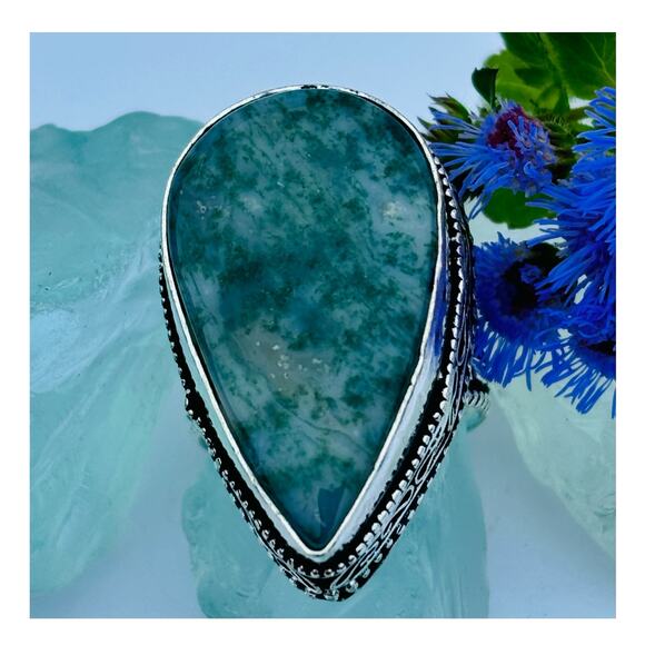925 Sterling Teardrop Moss Agate Ring  Size 8.5 - Picture 2 of 7